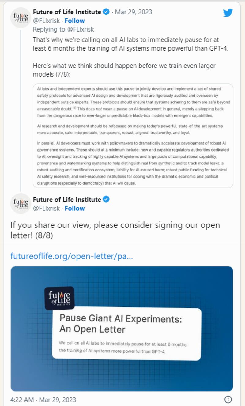 El Future of Life Institute publicó su carta a través de su cuenta en Twitter (Fuente: Twitter / @FLIxrisk)