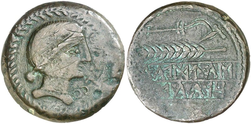 Moneda de plata de Obulco (Siglo II a.C.).