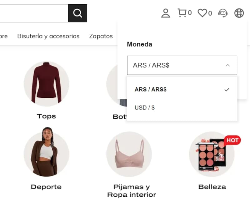 Dólar o peso: Shein permite elegir en qué moneda se muestran los precios de los productos.