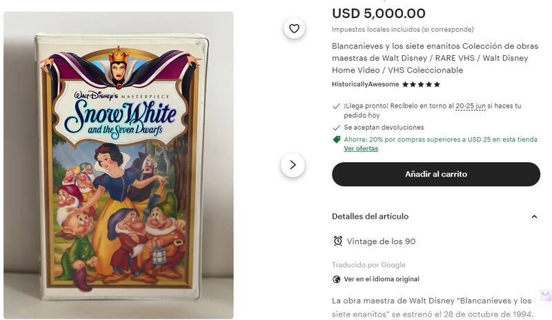 VHS de Blancanieves y los siete enanitos. Fuente: ETSY