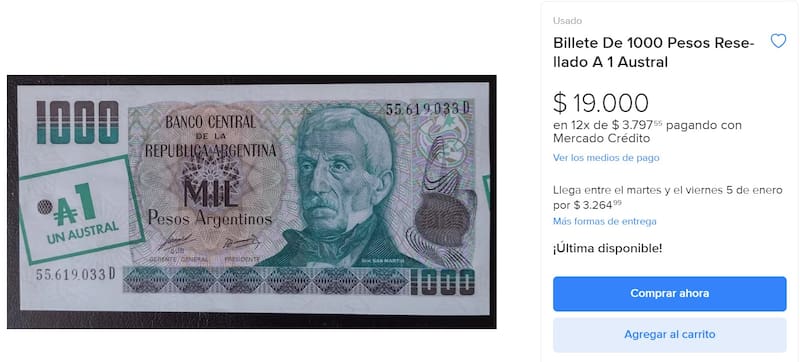 El billete se vende en Mercado Libre por $ 19.000 (Fuente: Mercado Libre)