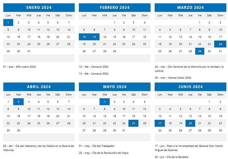 Todos los feriados de los primeros 6 meses del 2024. (Fuente: feriadosargentina.com.ar)