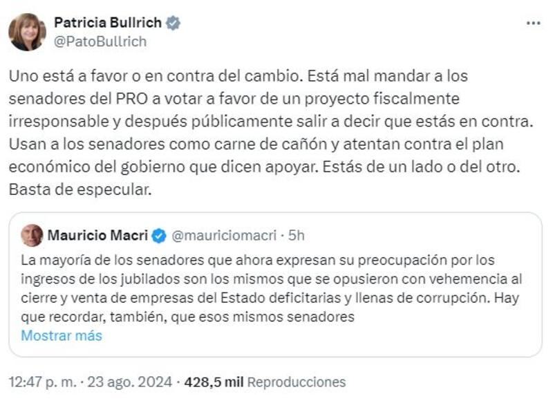 El dardo de Bullrich contra Macri por el rol del PRO en el Congreso: "Basta de especular"