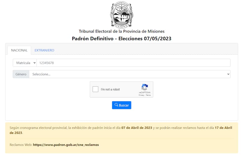 El sitio del Padrón Definitivo para las elecciones del 7 de mayo en Misiones. (Captura)