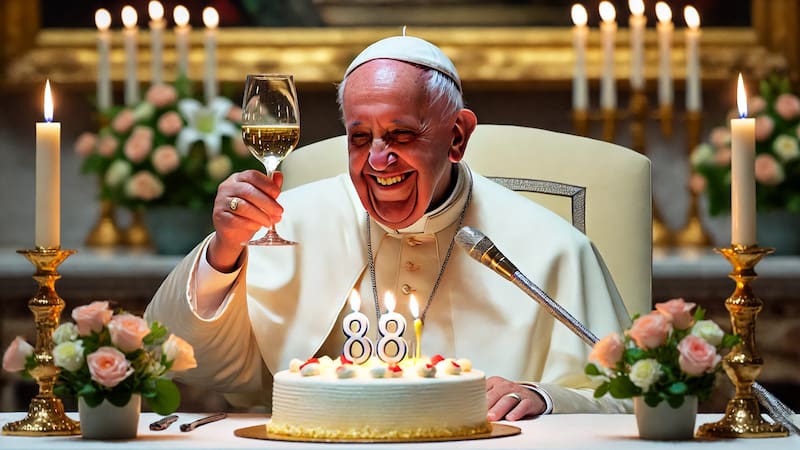 Imagen con motivo meramente descriptivo realizada por IA del Papa Francisco festejando sus 88 años.