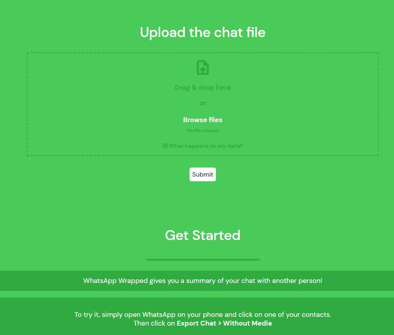 Arrastrar el chat de WhatsApp a la casilla "Browse files" de WhatsApp Wrapped para obtener todas las estadísticas.