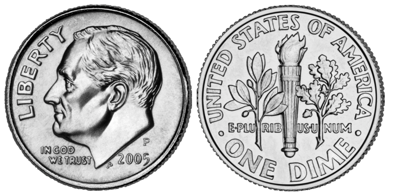 La No-S Proof Roosevelt dime de 1975, debido a su error de acuñación, puede alcanzar un valor de hasta USD 500,000, lo que refleja el creciente interés y la demanda de los coleccionistas. Fuente: United States Mint en Wikimedia Commons