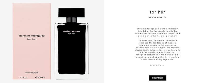 El clásico For Her de Narciso Rodriguez fue replicado por Divain. (Foto: www.narcisorodriguezparfums.com)