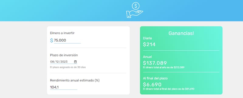 Si la tasa de interés se mantiene, obtendrás una ganancia de $ 6.690 por mes. (Foto: Calculadora Mercado Pago)