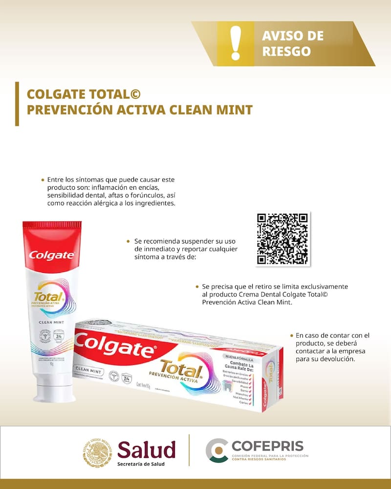 Alerta sanitaria en México: retiran del mercado una pasta dental por causar úlceras e irritación bucal. Fuente: COFEPRIS