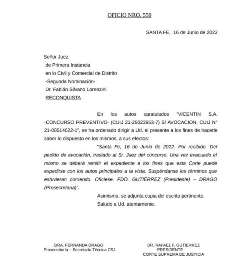 La nota enviada por la Corte a Lorenzini