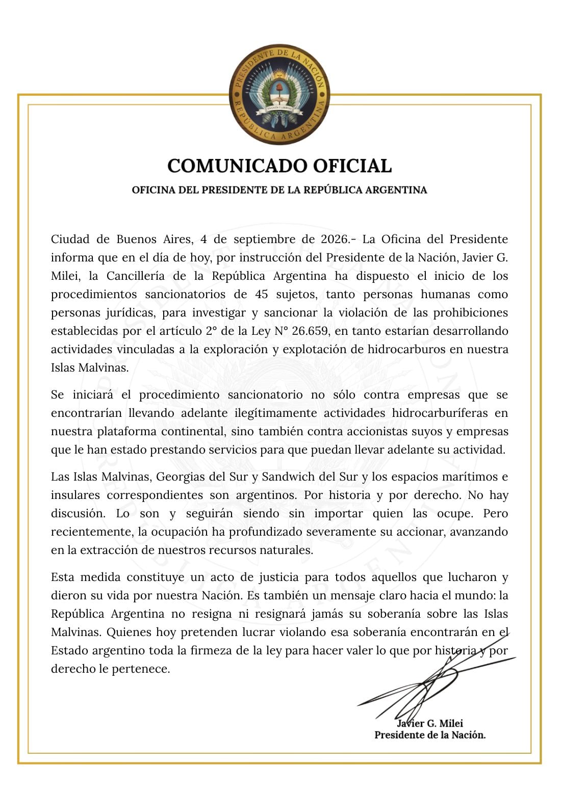 El comunicado difundido por la Oficina del Presidente.