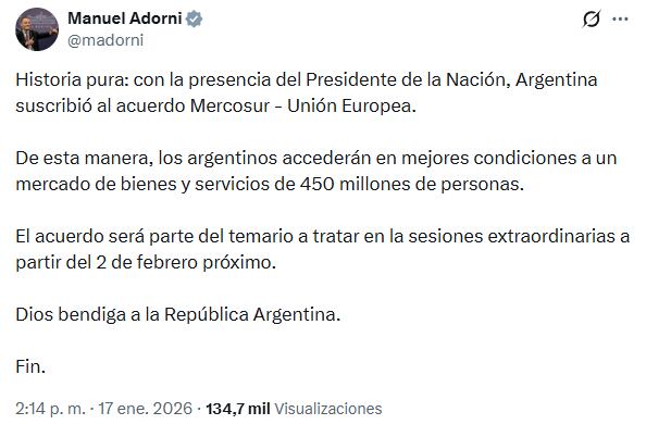 El Gobierno le puso fecha a las sesiones extraordinarias e incluirá el acuerdo Mercosur-UE en el temario El Gobierno le puso fecha a las sesiones extraordinarias e incluirá el acuerdo Mercosur-UE en el temario