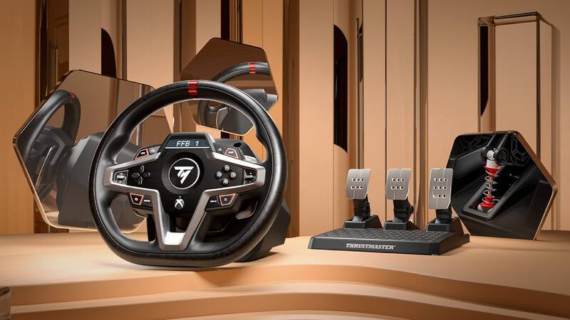 El Thrustmaster T248, un volante con Force Feedback y pedalera de tres pedales.