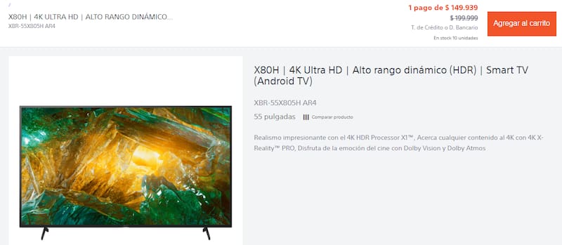 Televisor Sony 4K modelo XBR-55X805H AR4