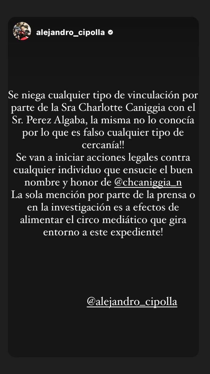 La declaración del abogado de Charlotte Caniggia.