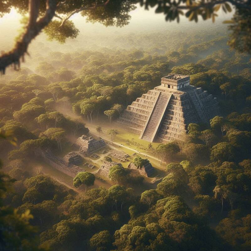 Ilustración de murallas mayas. Fuente: Bing AI.