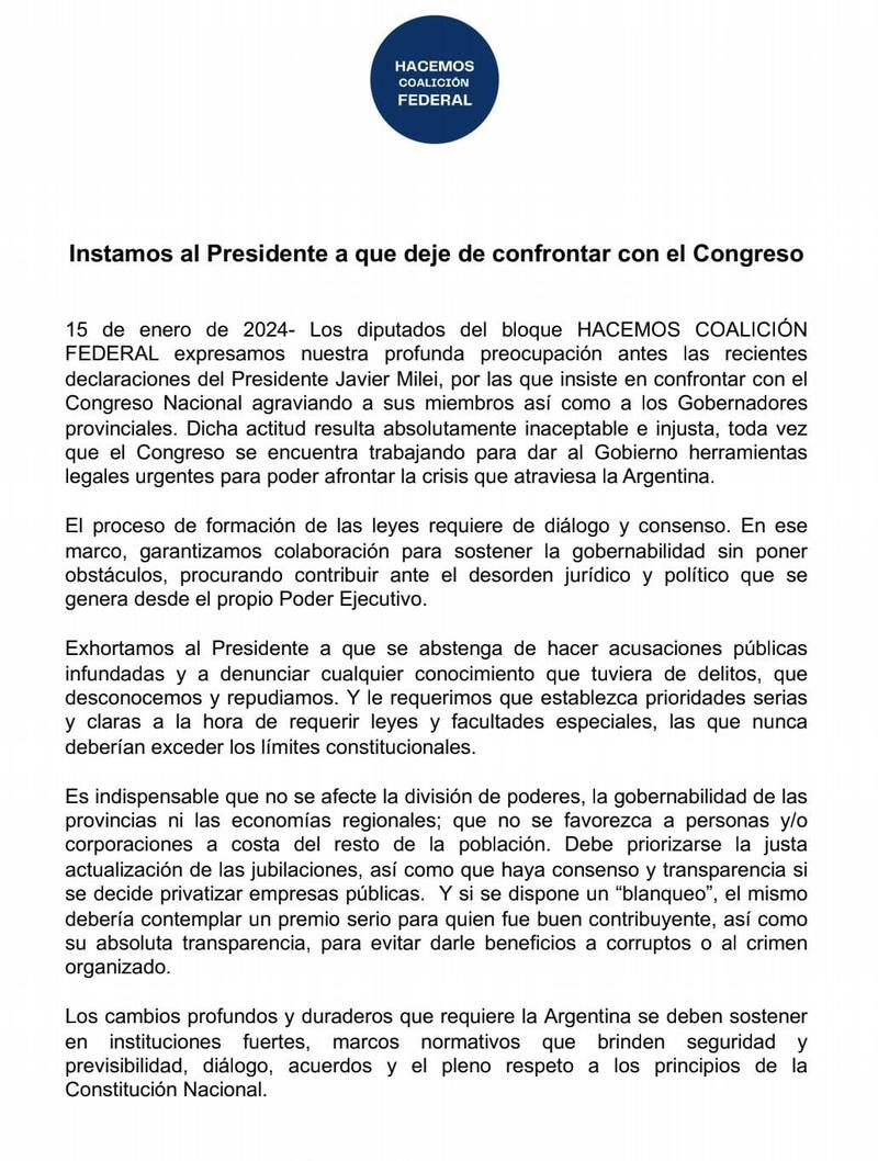 Hacemos Coalición Federal emitió un comunicado tras los dichos de Milei.