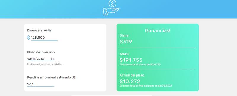 Si invertís $ 125.000 vas a obtener $10.272 por mes. (Foto: Calculadora Mercado Pago)