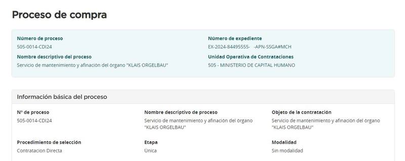 La contratación para la afinación del órgano que está en la Sala Sinfónica del CCK.