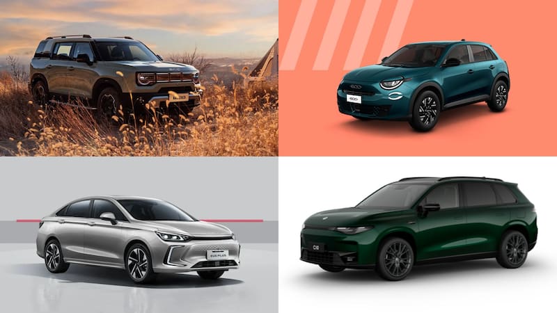 Arriba izquierda: Leapmotor SUV C10. Arriba derecha: Fiat 600 híbrido. Abajo izquierda y derecha: BAIC EU5 Plus y SUV BJ30, respectivamente.