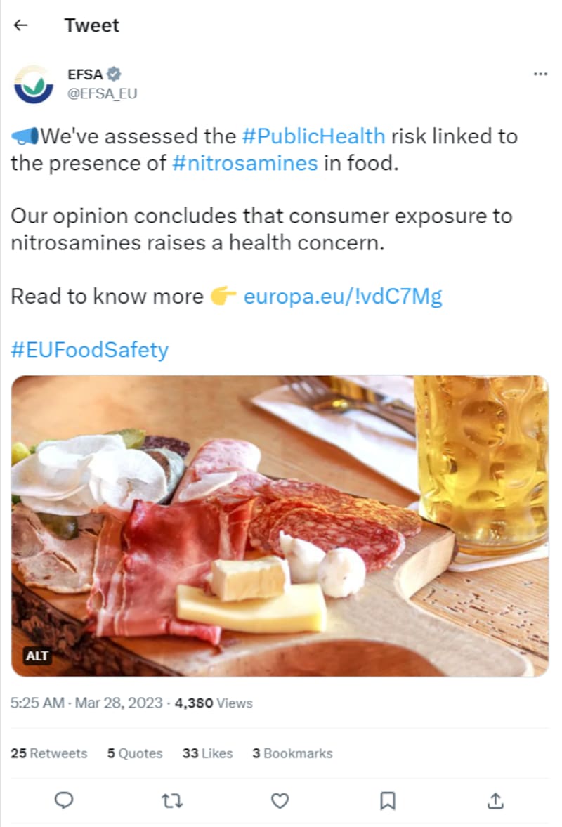 Aviso de la Autoridad Europea de Seguridad Alimentaria. Fuente: Twitter @EFSA_EU