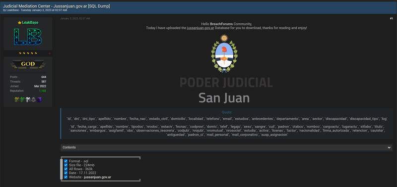 La base de datos del Poder Judicial de San Juan contiene más de 200MB de información.