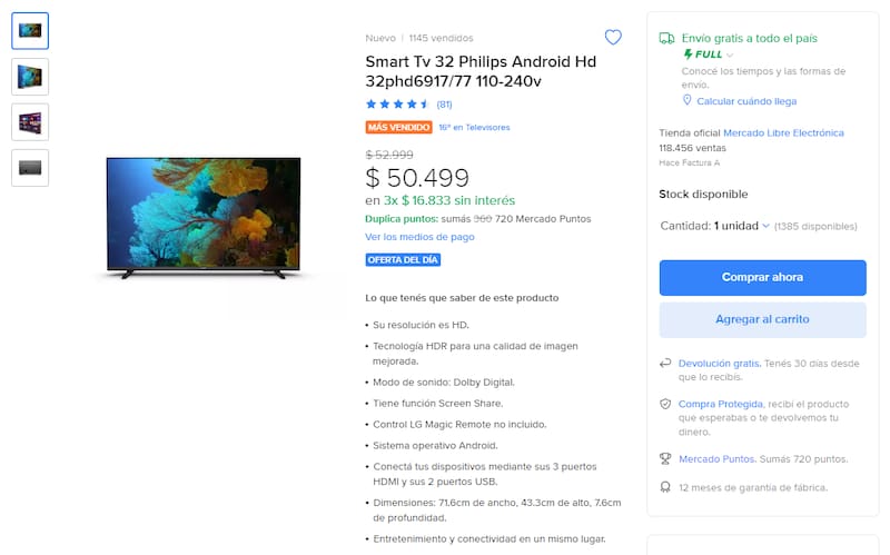 Smart Tv 32 Philips Android HD. Fuente: Mercado Libre.