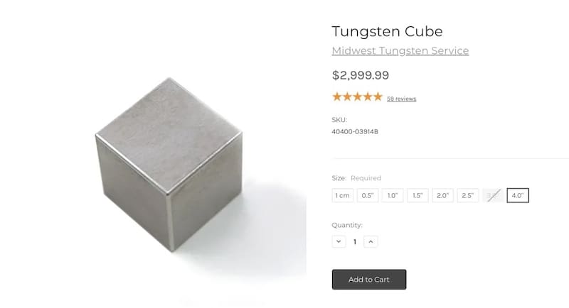 Un cubo de 4 pulgadas cuesta US$ 2.999,99. Imagen: Página web de Midwest Tungsten
