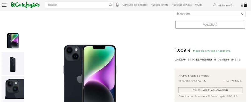 El iphone 14 puede adquirirse en El Corte Inglés.