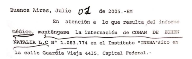 A 2 semanas del ingreso al INEBA, la jueza Civil avaló y mantuvo la internación de Cohan de Kohen.