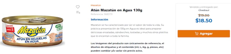 Mazatún ofrece un contenido proteico del 22%, que es superior al promedio en la mayoría de las marcas de atún enlatado. Foto: chedraui.com.mx