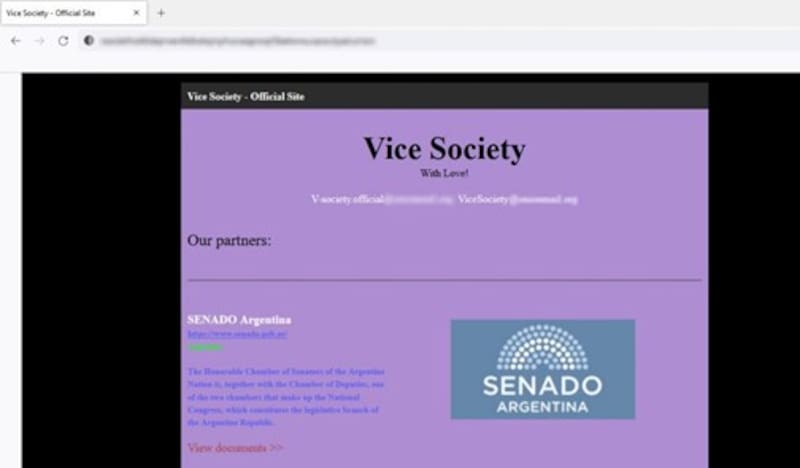 Fuente: ESET. Sitio del ransomware Vice Socierty en la dark web donde publica el nombre y los datos robados de sus víctimas.