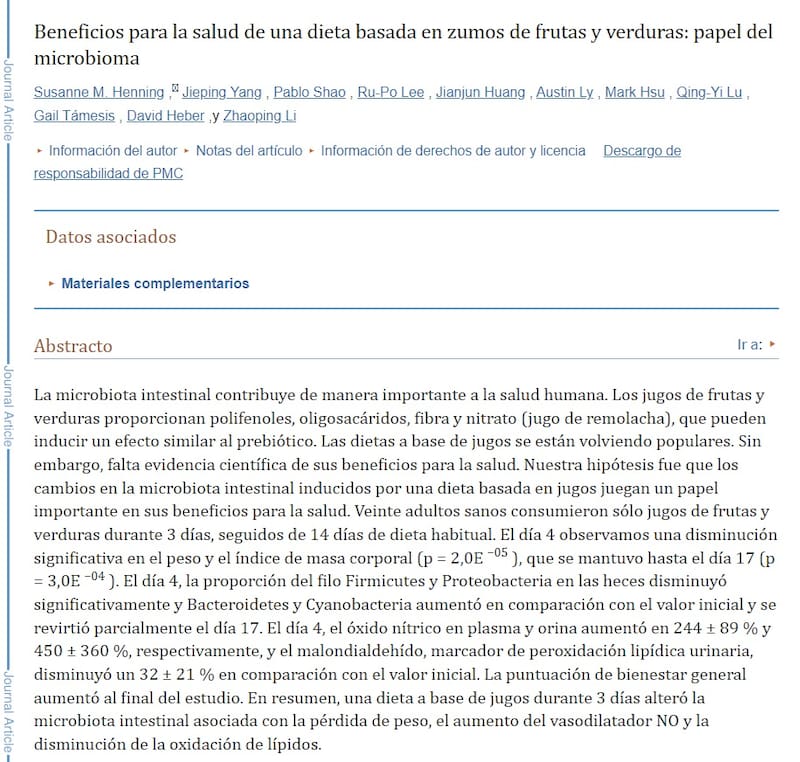 Estudio científico del NIH sobre los beneficios de los jugos verdes. Fuente: NIH.