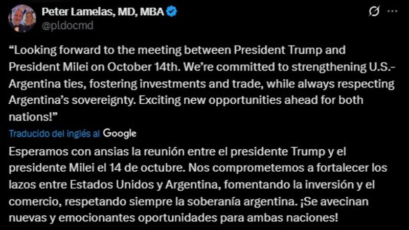 Peter Lamelas, representante estadounidense en el país, destacó que Washington busca "fortalecer los lazos" con la gestión libertaria (Fuente: X).