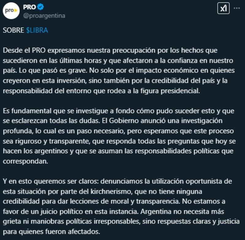 Comunicado del PRO sobre lo acontecido con la criptomoneda $LIBRA
