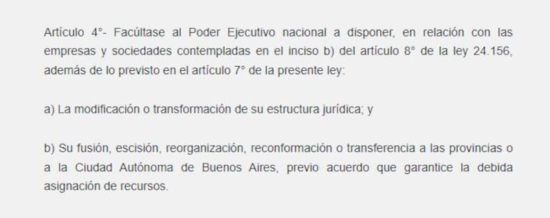 El artículo 4 de la Ley Bases permite al Gobierno a transferir a las provincias diferentes empresas. (Boletín Oficial)