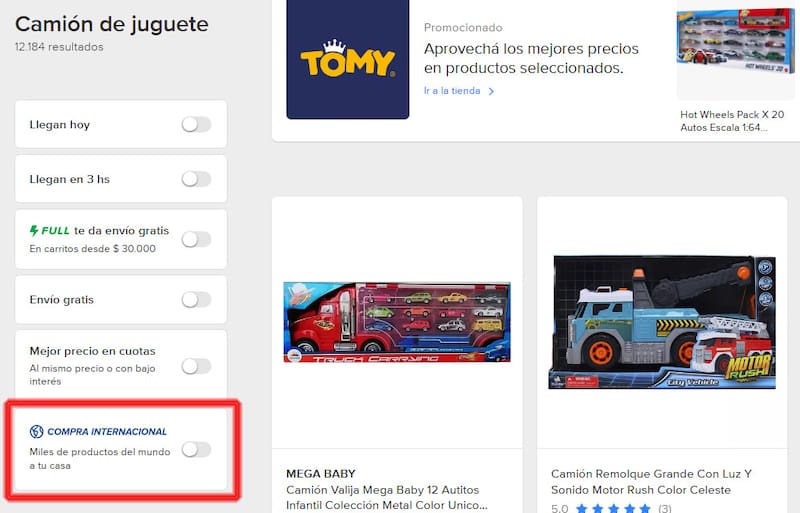 El nuevo filtro "Compra internacional" de Mercado Libre.