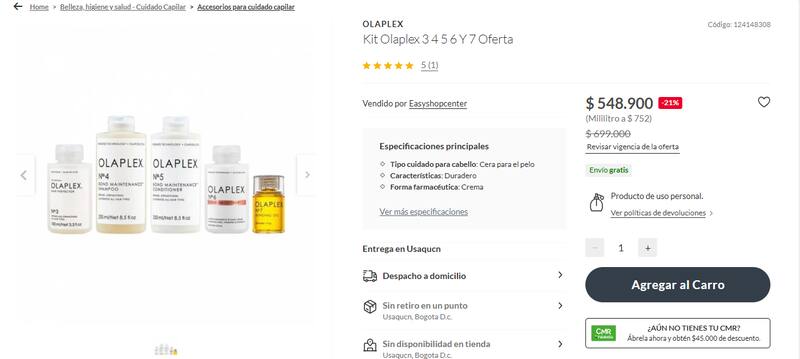 El kit que ofrece Falabella a un precio único en el mercado colombiano. (Imagen: Captura de pantalla Falabella).