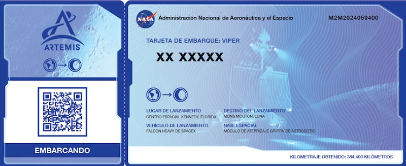 Tarjeta de embarque de recuerdo que genera la NASA. En el lugar de las "X" aparecerá el nombre de la persona registrada.Fuente: NASA.