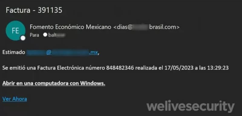 Mekotio es un malware que se aprovecha de la estafa de la factura. Fuente: ESET