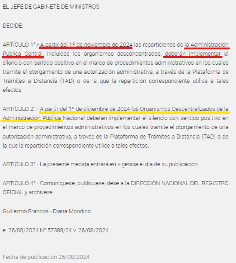 La resolución publicada en el B.O. con la firma de Guillermo Francos y Diana Mondino.