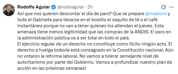 Aguiar le respondió al Gobierno desde su cuenta en X.