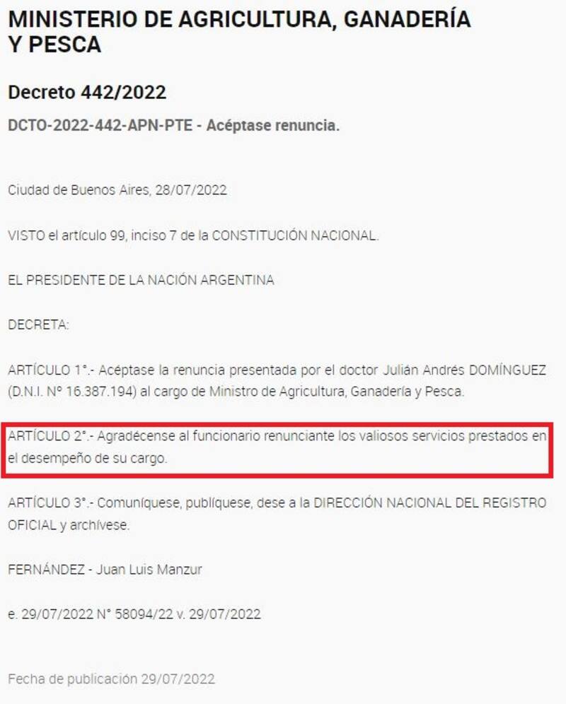 El decreto de la renuncia de Domínguez.