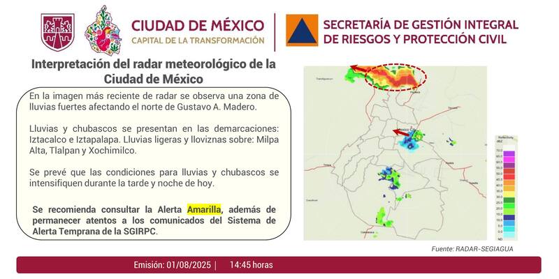 Alertas por tormentas en CDMX esta noche. Fuente: Gobierno de CDMX.