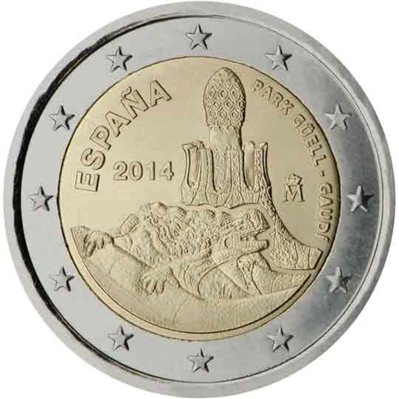 Moneda conmemorativa España 2014. Lugares del patrimonio mundial natural o cultural de la UNESCO: parque Güell. Fuente: Banco Central Europeo.
