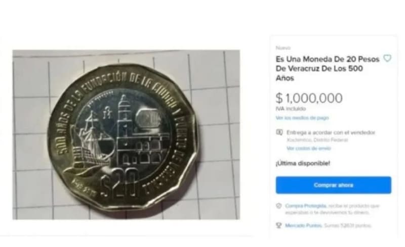 La moneda de 20 pesos que se vende por hasta 1 millón. Fuente: Mercado Libre