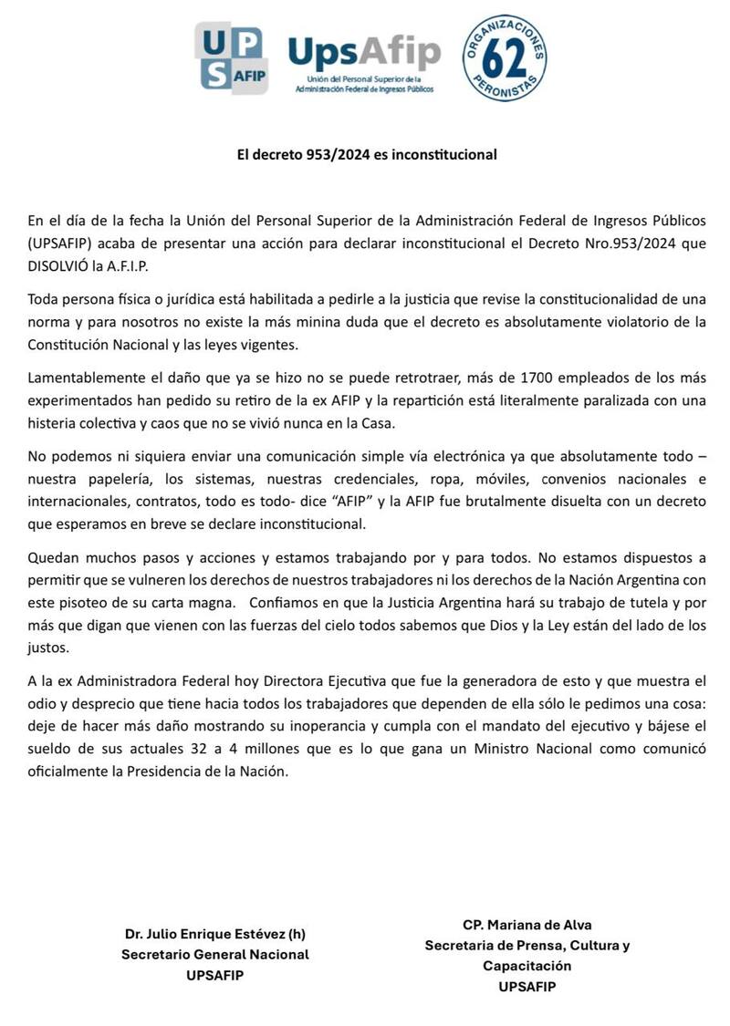 Comunicado de la Unión del Personal Superior de la AFIP (UPSAFIP).