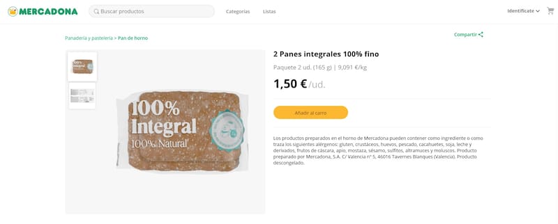 El pan 100% integral natural de Mercadona destaca por su alto contenido en fibra y proteínas, ideal para una dieta equilibrada. (Foto: captura Mercadona)