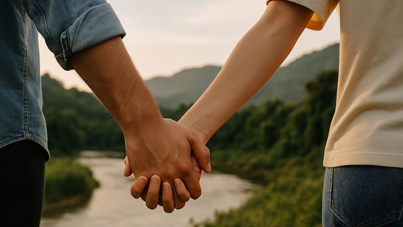 Manos entrelazadas sobre un paisaje natural colombiano, símbolo del amor que inspira la música romántica del país.
